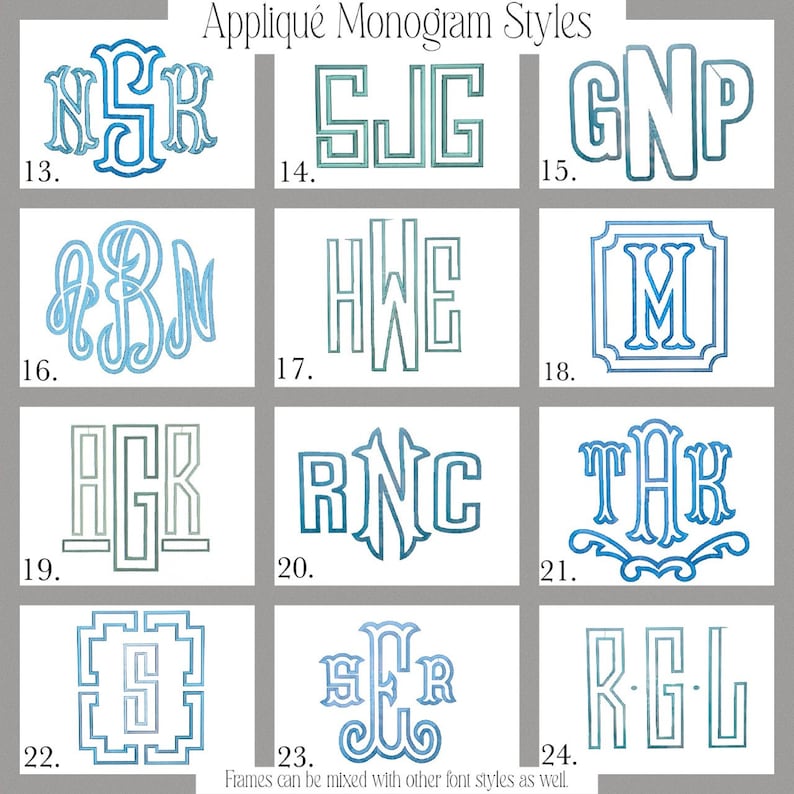 Op de afbeelding: Een grafiek met 12 verschillende monogram-stijlen in blauw en groen. De monogram-stijlen zijn genummerd van 13 tot en met 24. De tekst "Frames kunnen worden gecombineerd met andere lettertypen." staat onderaan de grafiek.