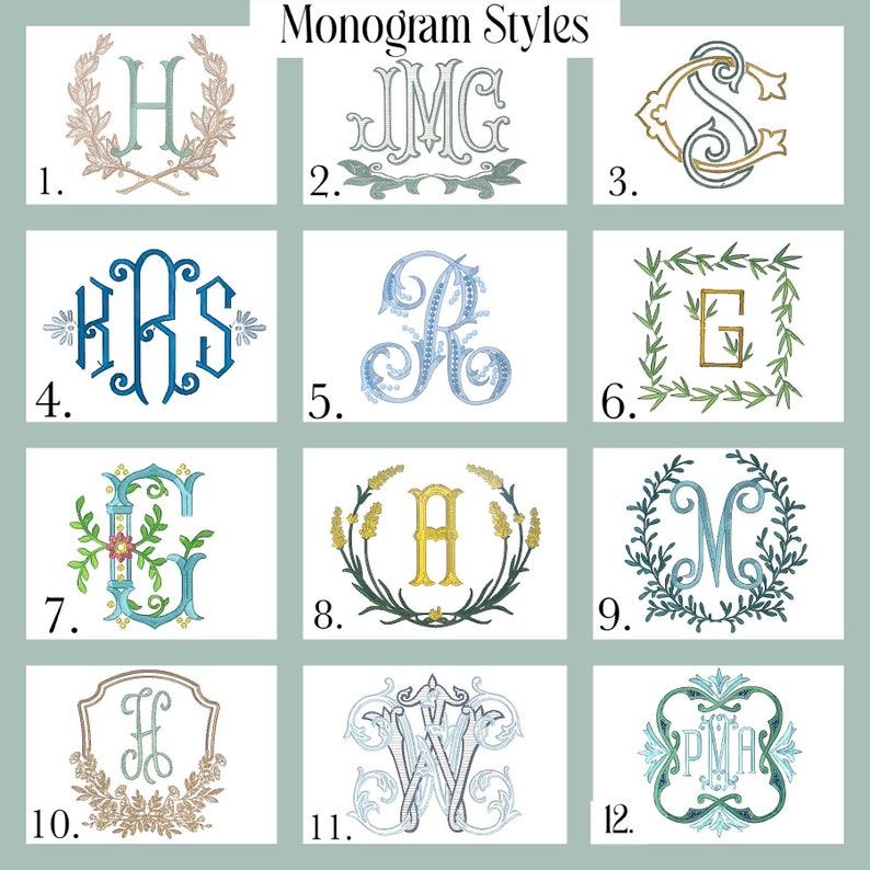 May include: An image showcasing twelve different monogram styles. Each monogram features a unique design, with varying fonts, embellishments, and color palettes. The monograms are displayed against a light green background, with the text "Monogram Styles" at the top.