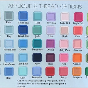 May include: A chart of 48 color swatches, labeled with names like "Black", "Wheat", "Rain", "China Blue", "Teal", "Lavender", "Light Pink", "Bright Pink", "Lime", "Dark Green", "White", "Dove Gray", "Fog", "Royal Blue", "Jade", "Lilac", "Blush", "Coral", "Chartreuse", "Harvest Gold", "Ivory", "Gray", "Powder Blue", "Ocean", "Turquoise", "Orchid", "Baby Pink", "Salmon", "Sage", "Yellow", "Sand", "Dark Gray", "Cornflower", "Sky Blue", "Navy", "Plum", "Pink", "Orange", "Olive", "Natural", "Storm", "Blue", "Aqua", "Periwinkle", "Red", "Berry", "Pumpkin", and "Green". The text "Other colorways available per request. If you are unsure of color or texture please request a sample." is at the bottom of the chart.
