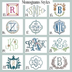 May include: A collection of embroidered monogram styles, each featuring a unique letter design. The monograms are displayed in various frames and decorative elements, including floral and geometric patterns. The text "Monograms Styles" is at the top.
