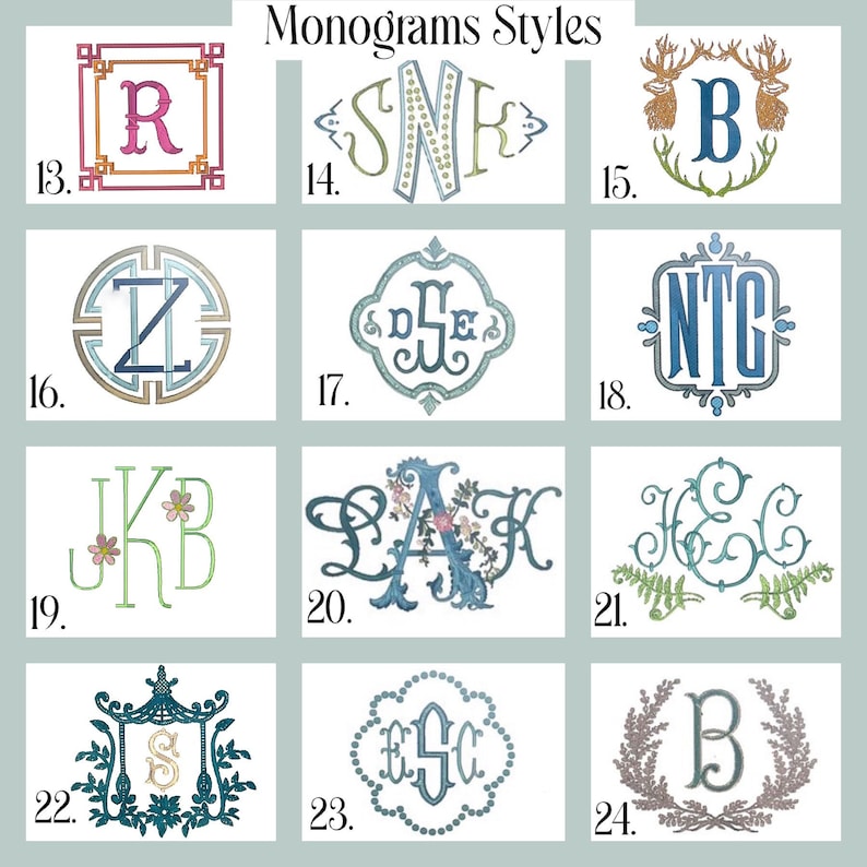 May include: A collection of embroidered monogram styles, each featuring a unique letter design. The monograms are displayed in various frames and decorative elements, including floral and geometric patterns. The text "Monograms Styles" is at the top.