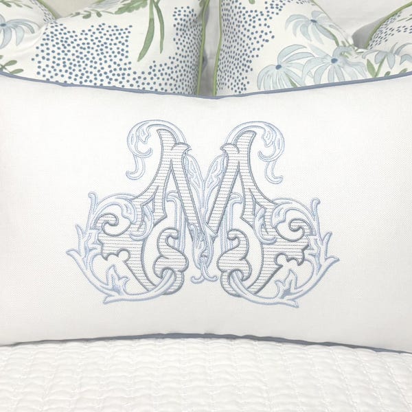 Embroidered Pillow Cover-Large Monogram Pillow-Lumbar Pillow-Pillow for Monogram Bed-Monogrammed Linen Pillow-Farmhouse Pillow
