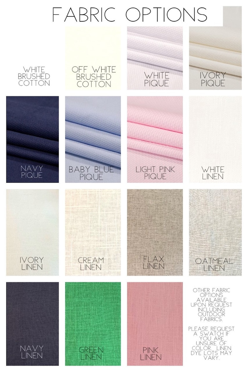 Op de afbeelding: Een tabel met verschillende stoffenopties voor kleding. De stoffen omvatten wit geborsteld katoen, off-white geborsteld katoen, wit piqu&eacute;, ivoor piqu&eacute;, marineblauw piqu&eacute;, babyblauw piqu&eacute;, lichtroze piqu&eacute;, wit linnen, ivoor linnen, cr&egrave;me linnen, vlas linnen, havermout linnen, marineblauw linnen, groen linnen en roze linnen. De tabel bevat ook een opmerking dat andere stoffenopties op aanvraag beschikbaar zijn, inclusief buitenstoffen. Er wordt ook vermeld dat een staal kan worden aangevraagd als u niet zeker bent van de kleur, aangezien linnen verfpartijen kunnen vari&euml;ren.