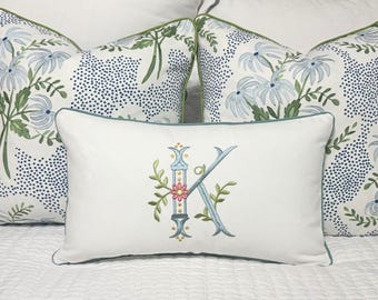 Embroidered Pillow Cover-Large Monogram Pillow-Lumbar Pillow-Pillow for Monogram Bed-Monogrammed Linen Pillow-Farmhouse Pillow