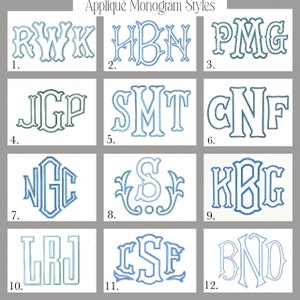 Op de afbeelding: Twaalf verschillende monogram-stijlen in blauw en groen, waarbij elke stijl van 1 tot en met 12 is genummerd. De monogram-stijlen zijn in verschillende lettertypen en ontwerpen, waaronder schrijf-, blok- en cursieve lettertypen.