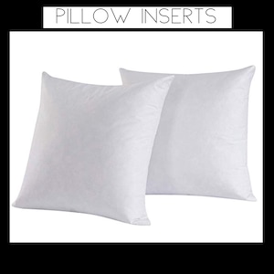 May include: Two white pillow inserts, a popular home decor item, are shown on a white background. The pillows are square and have a smooth, soft texture.