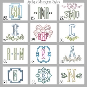Op de afbeelding: Een grafiek met 12 verschillende monogram-stijlen. De stijlen omvatten een verscheidenheid aan lettertypen, randen en versieringen. De monogram-stijlen zijn genummerd van 25 tot en met 36.