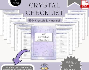May include: A digital download titled "My Crystal Checklist" with over 15 pages, listing 560+ crystals and minerals. The cover features a watercolor design with geometric crystal illustrations. Includes a PDF download option and a call to "Print at Home!"