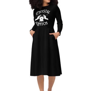 Schwarze CRYSTAL WITCH Langarm Midikleid, Damen Halloween Kostüm Hexen Kleid 2XS-6XL