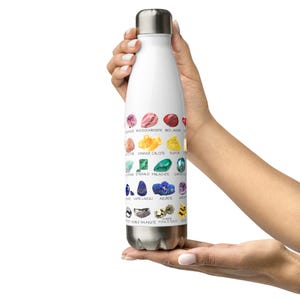 Bouteille d'eau réutilisable en acier inoxydable, tableau d'identification des amoureux des cristaux de roche arc-en-ciel, cadeau pour les géologues et les collectionneurs de pierres précieuses