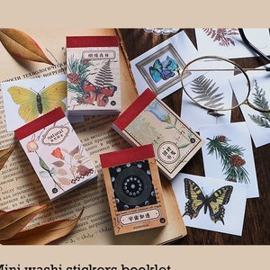 Mini livret d'autocollants washi | Stickers lettre vintage fleur de fougère, lune galaxie nature planète washi