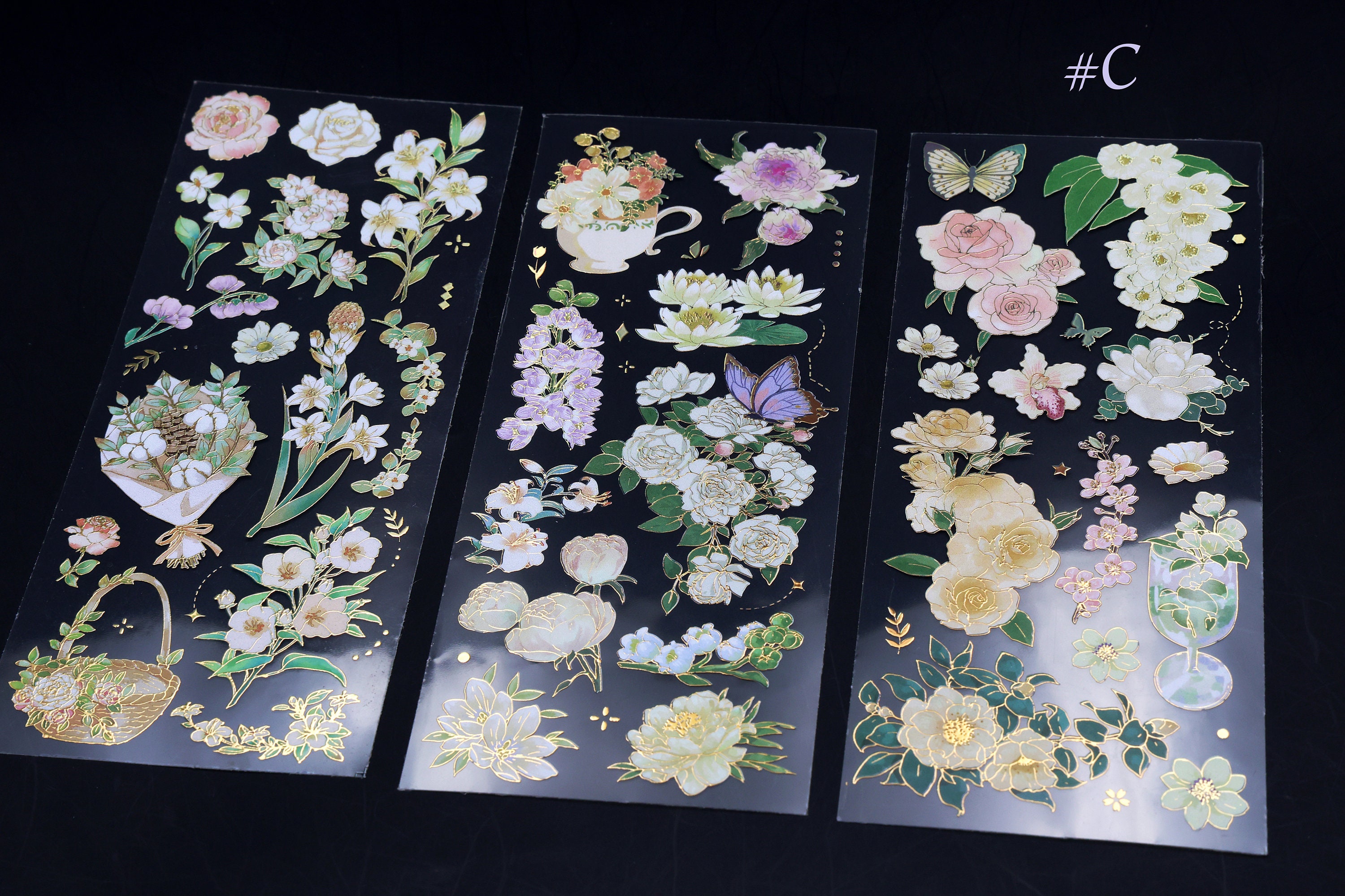 Flower and Plant PET Sheet Sticker | Flower Floral Gold Foil Sticker ...