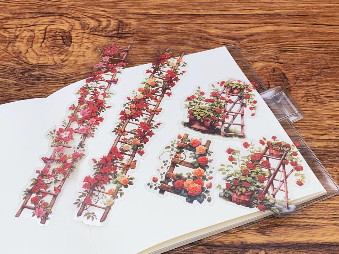 Flower Ladder PET Sticker | Flower Rose Wild Botanical Green Leaves ...