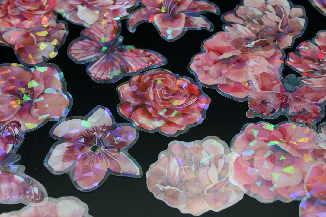 Crystal Flower PET Sticker | Pink Flower Butterfly Holographic Themed ...