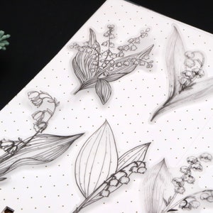 autocollants en vélin fleurs de muguet | 20 autocollants botaniques en vélin avec croquis de fleurs
