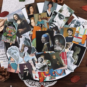 May include: A collection of stickers featuring classic art, including portraits and sculptures. The stickers showcase famous paintings like the Mona Lisa and Girl with a Pearl Earring, with a variety of colors and styles.