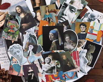 May include: A collection of stickers featuring classic art, including portraits and sculptures. The stickers showcase famous paintings like the Mona Lisa and Girl with a Pearl Earring, with a variety of colors and styles.