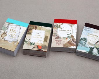 May include: Four decorative notepads with vintage-style covers. Each notepad has a different color accent on the top edge: teal, dark green, red, and brown. The covers feature collages with text and illustrations, including the words "Time Machine" and "Romance".