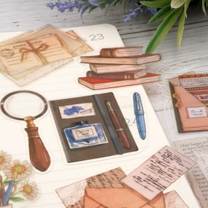Stickers met spullen voor PET-kantoorbenodigdheden | notitieboek pen bloem boek inkt brief vergrootglas aquarel verf palet borstel PET-stickers