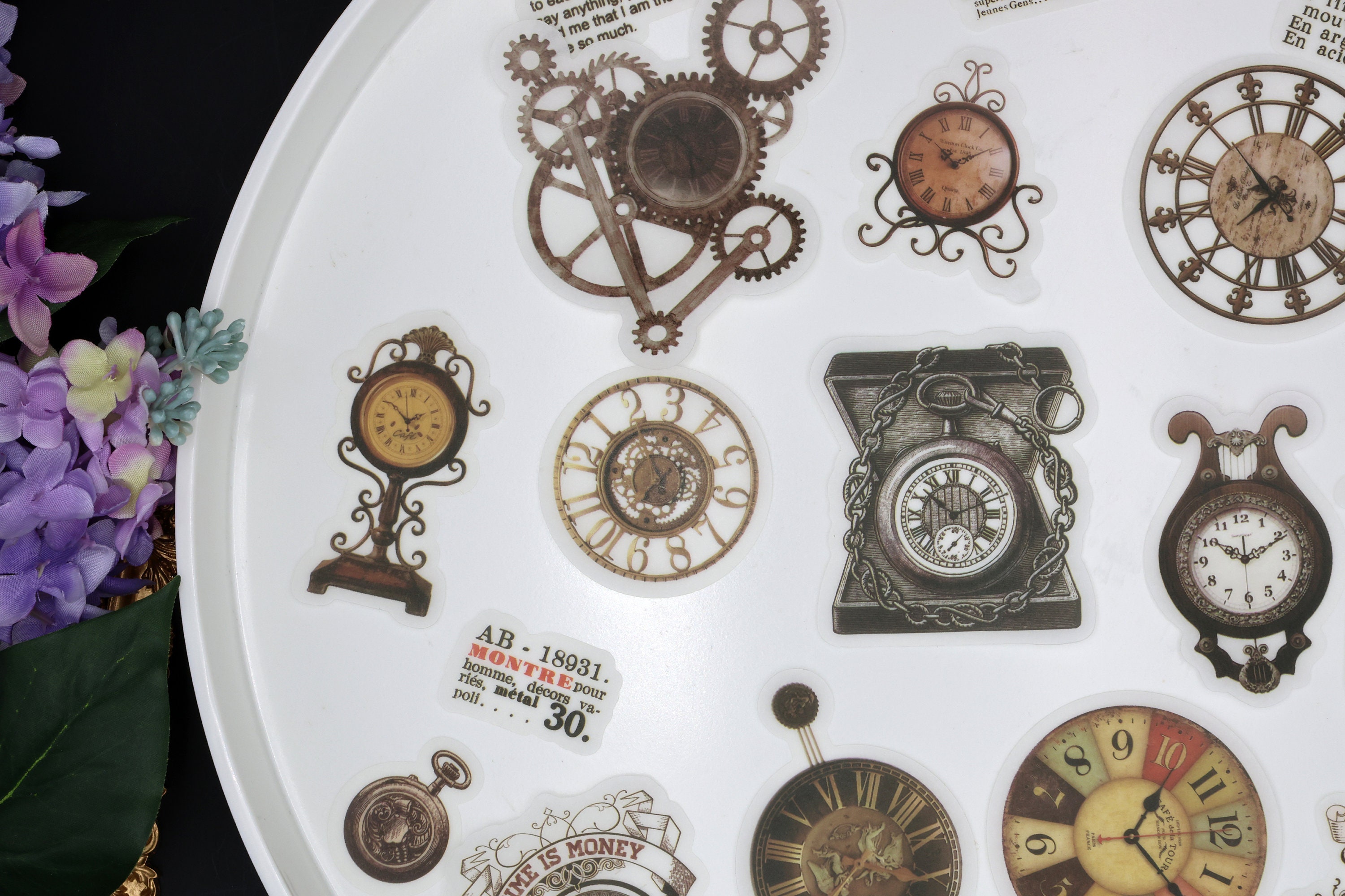 60pc Retro Items Clock Stickers Themed Time Vintage Stuff Washi Die-cut ...