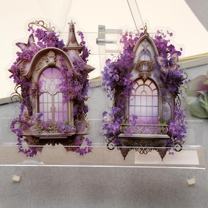 Blumen-Gothic-Stil Fenster PET-Aufkleber |  Lila Blumentor Pflanzenetiketten-bezogene PET-Sticker