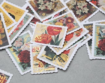 Flower stamp paper stickers | 30pcs/pack vintage floral gold foil stickers set