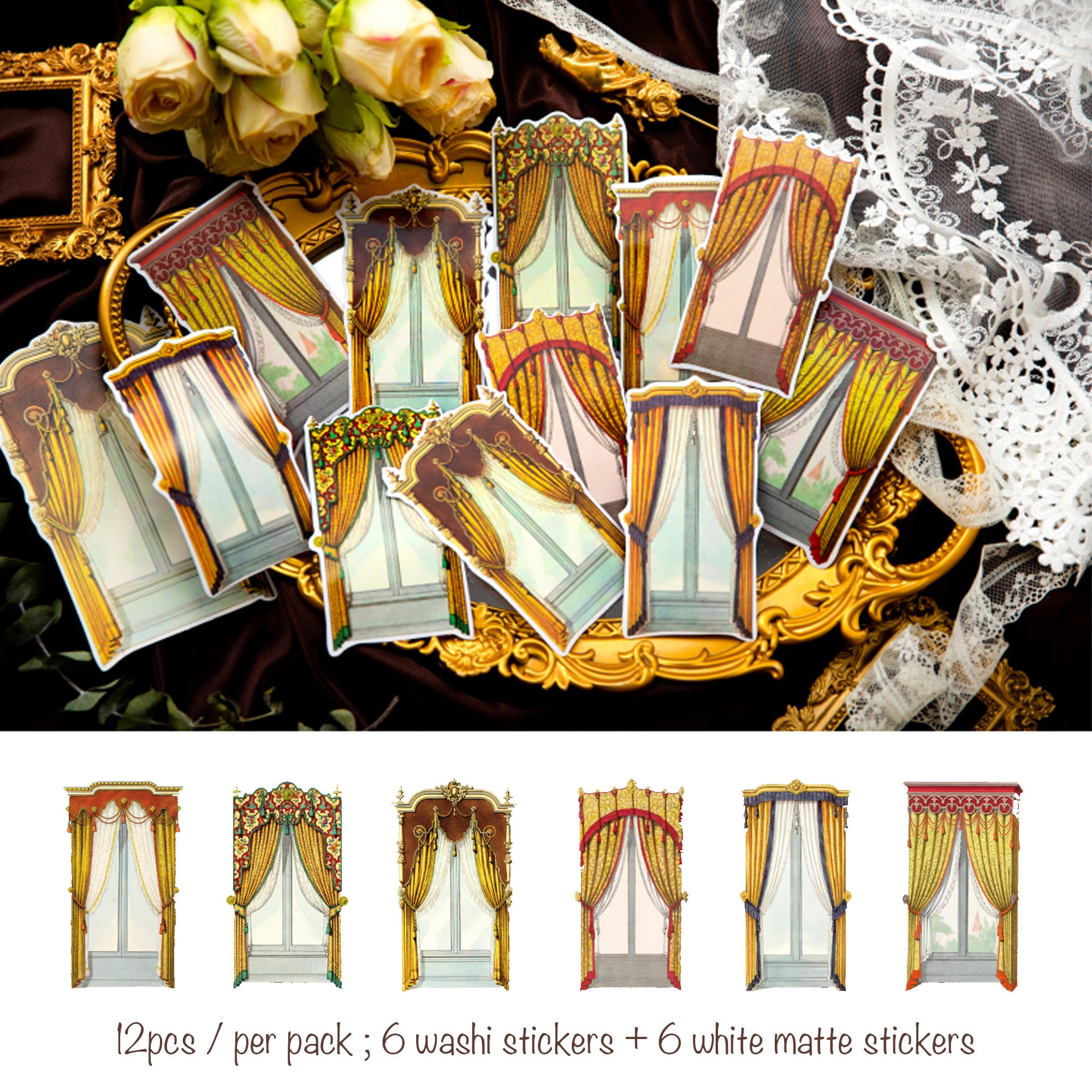 Window Curtains Sticker Vintage Luxury Palace Window Washi Stickers | Curtain European Royal ...