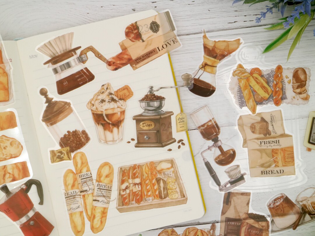 PET Coffee Bread Stickers | Coffee Drinks Coffee Bean Coffee Bagel ...