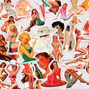 Packung mit 50 Stück Vintage Frau sexy Lady Aufkleber | Vintage Dame AUFKLEBER | Dame Aufkleber | Wasserfester Aufkleber PVC