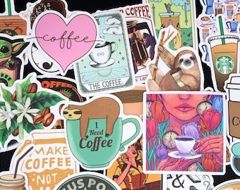 May include: A collection of colorful stickers featuring various coffee-themed designs. The stickers include a heart with the word "coffee" written inside, a sloth drinking coffee, a cup of coffee with the text "I need coffee", and a coffee cup with a clock face.