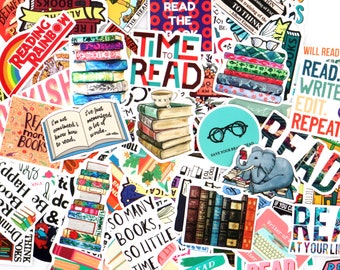 May include: A collection of colorful stickers with book-themed designs. The stickers feature stacks of books, quotes about reading, and illustrations of glasses and an elephant reading. The color palette includes vibrant hues and various fonts.
