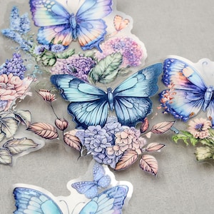 水彩蝶ステッカー | 青い蝶の花の花柄の美しいテーマのPETプラスチックステッカー ダイカットステッカー CH-2