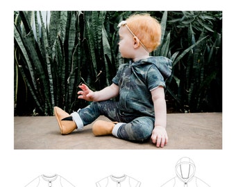 Patrón de costura en PDF para mono Jude: conjunto de una pieza para bebé y niño pequeño, patrón de mono Henley con tapeta a presión