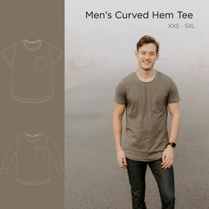Peut inclure: Un dessin au trait d'un t-shirt à ourlet arrondi avec une poche. Un homme porte un t-shirt similaire de couleur vert foncé. Le texte "Men's Curved Hem Tee" et "XXS - 5XL" est affiché au-dessus de l'image. Le texte "lowland kids" est affiché en bas de l'image.