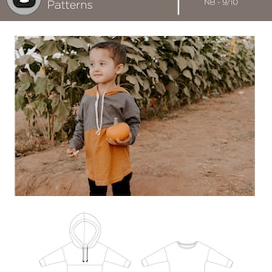 May include: A hooded tee sewing pattern for babies and children, sizes newborn to 9/10. The pattern includes a hooded sweatshirt and a long-sleeved tee. The image shows a child wearing a hooded sweatshirt with a pumpkin.