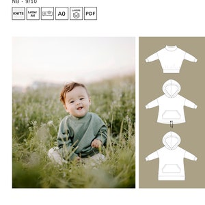 May include: A baby wearing a green oversized sweater sits in a field of green grass. The image includes a pattern for a similar sweater with a hood and a pocket.