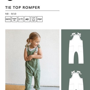 May include: A green tie-top romper with pockets. The romper is shown on a young child. The pattern includes a front view of the romper and a line drawing of the romper.