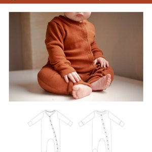 May include: A brown snap sleeper for babies and toddlers. The sleeper has long sleeves and snaps down the front. The pattern includes a front and back view of the sleeper.