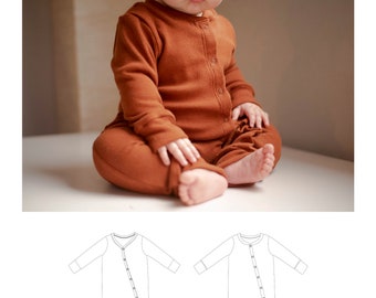 May include: A brown snap sleeper for babies and toddlers. The sleeper has long sleeves and snaps down the front. The pattern includes a front and back view of the sleeper.