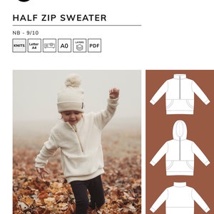 Half Zip Sweater PDF Sewing Pattern - Sweatshirt Pattern with Hood and Zip Front