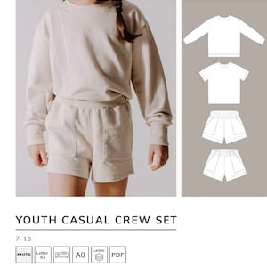 May include: A sewing pattern for a youth casual crew set, featuring a long-sleeved sweatshirt and shorts. The pattern is available in sizes 7-18 and includes instructions for knitting, A4 printing, A0 printing, layers, and PDF download.