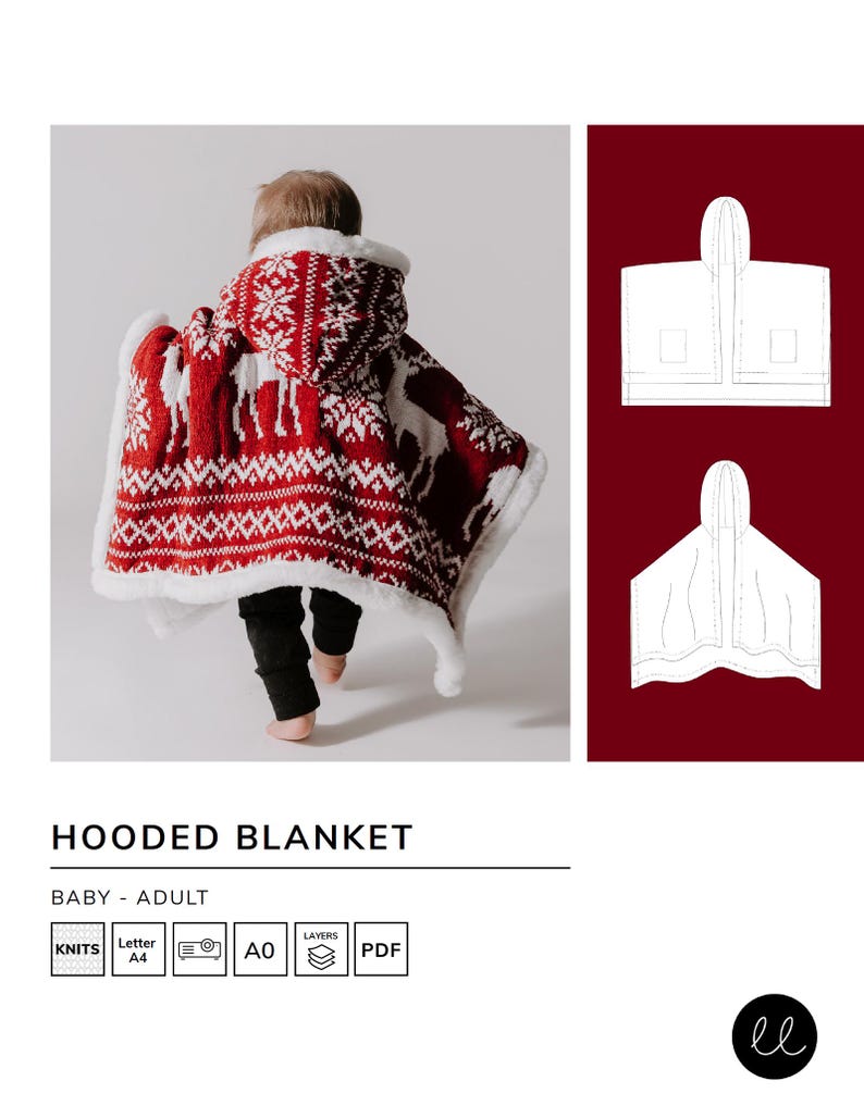 May include: A red and white hooded blanket with a reindeer pattern. The blanket is shown being worn by a child. The pattern is a traditional Scandinavian design. The blanket is available in baby and adult sizes.