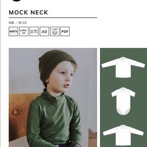 May include: A green mock neck shirt with long sleeves. The shirt is being worn by a child. The image also includes three line drawings of the shirt in different styles.