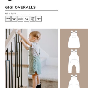May include: A digital sewing pattern for Gigi overalls for babies and toddlers. The pattern includes three different views: a classic overall, a cuffed overall, and a bib overall. The pattern is available in sizes NB - 9/10.