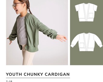 May include: A sewing pattern for a youth chunky cardigan, sizes 7-18. The pattern includes instructions for knitting the cardigan in various sizes. The pattern is available in Letter, A0, and PDF formats.