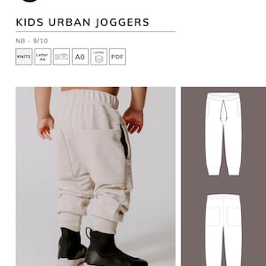 Puede incluir: Patrón de costura para joggers urbanos para niños, tallas NB - 9/10. El patrón incluye instrucciones para hacer joggers con bolsillos y cintura con cordón. El patrón está disponible en los formatos A0, Letter y PDF.