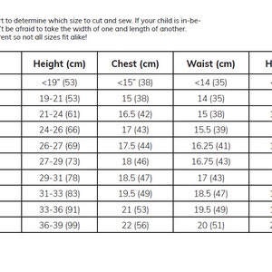 May include: A size chart for children's clothing with measurements in inches and centimetres. The chart lists sizes from Preemie to 3T and includes measurements for height, chest, waist, and hips.