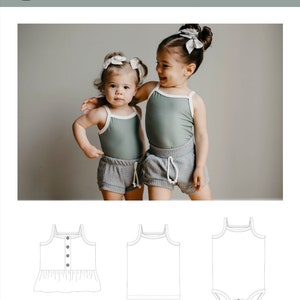 May include: A digital pattern for a summer cami or bodysuit for babies and toddlers. The pattern includes a cami with a ruffle and a bodysuit with snaps. The pattern is available in sizes newborn to 9/10.