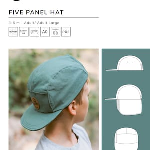 Może przedstawiać: Zielony kapelusz z pięcioma panelami z brązową etykietą z napisem "Five Panel Hat". Kapelusz jest pokazany na głowie dziecka. Obraz zawiera również rysunek liniowy kapelusza w trzech różnych widokach.