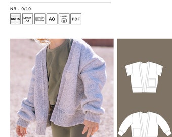 May include: A gray chunky knit cardigan for kids, shown on a model. The cardigan has a V-neck and long sleeves. The pattern includes instructions for sizes NB - 9/10. The pattern is available in Letter, A0, and PDF formats.